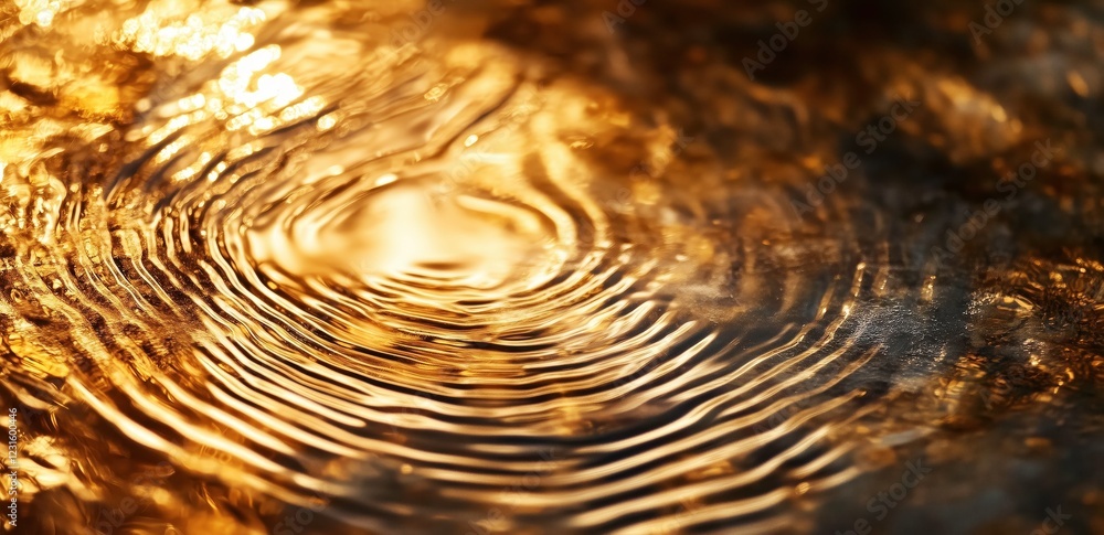 Poster golden ripple reflections: abstract close-up of concentric ripples on water surface, reflecting warm