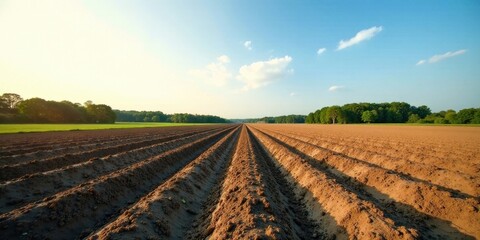 A sun-drenched agricultural field prepared for planting, showing meticulously furrowed rows of rich brown earth extending to a verdant tree line under a tranquil blue sky