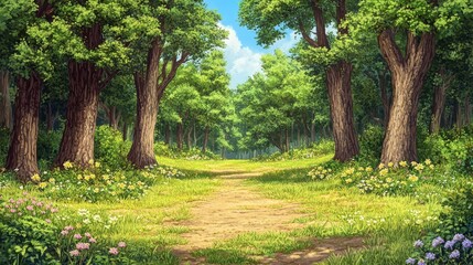 Fototapeta premium Sunlit Path Through a Lush, Green Summer Forest