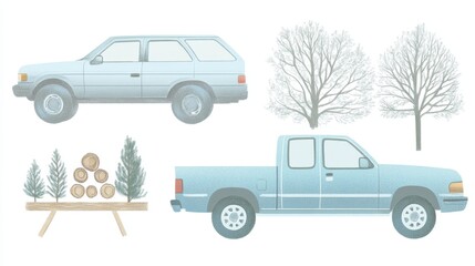 Naklejka premium Winter scene depicting two vehicles, trees, and a woodpile