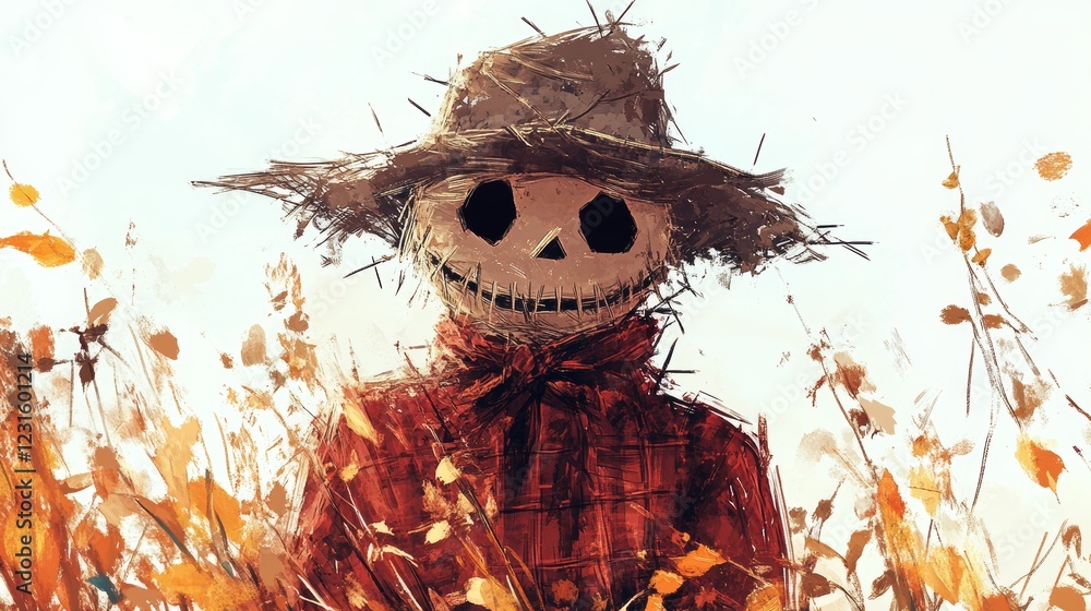 Poster a creepy looking scarecrow with a hat and a skull on its face. the scarecrow is standing in a field 