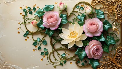 Fototapeta premium Pink roses and a white lotus flower arranged with green leaves and ornate gold trim against a textured, light-colored background, creating a delicate and elegant floral design.