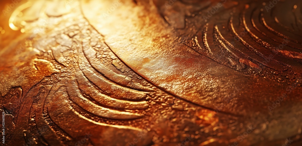 Poster copper texture with embossed design: a close-up shot reveals the intricate details of an embossed co
