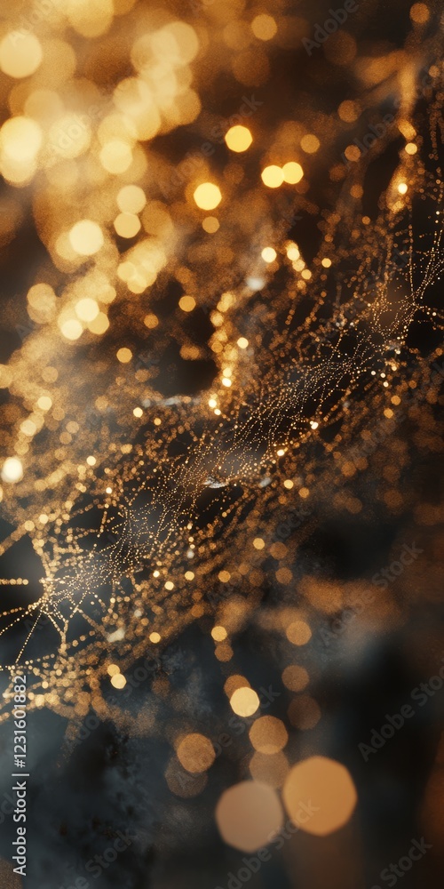 Poster a mesmerizing close-up of a spider web adorned with dewdrops, illuminated by golden bokeh lights, cr
