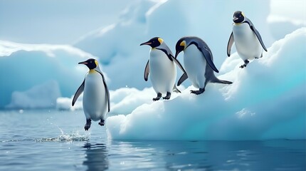Obraz premium Four King Penguins Leap from Iceberg into Ocean Water Stunning Wildlife Photography Antarctic Scene Nature Image