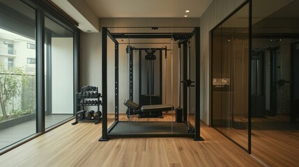 Modern home gym with glass enclosure, weight rack, and bench.
