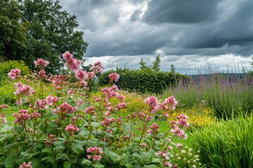 Obraz premium Pink flowers and purple plants in a garden under a cloudy sky, for nature or travel