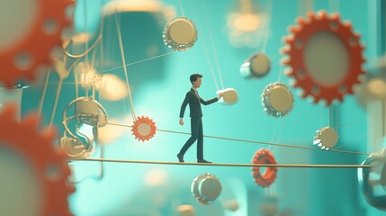 A Miniature Businessman Navigates a Complex Network of Interconnected Gears, Balancing 