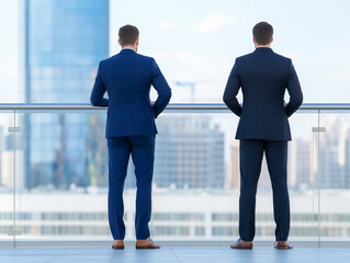 Businessmen talking on architectural, modern office balcony