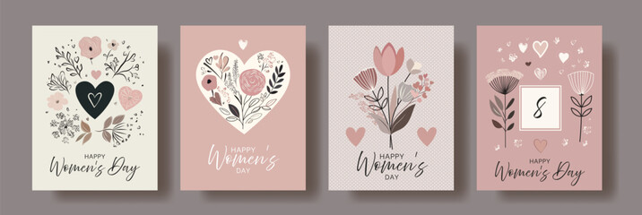 Floral Women's Day Greeting Cards Set – Elegant Hand-Drawn Botanical Designs with Soft Pastel Colors, Hearts, and Delicate Typography for March 8 Celebration