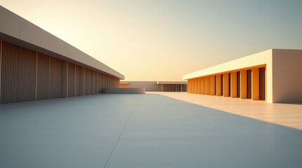 Fototapeta premium Minimalist architecture with a golden sunset light casting long shadows on the floor