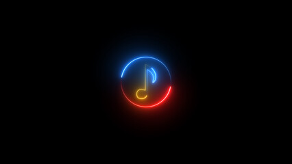 Neon music sign. Glowing neon effect music icon. Musical note line icon background.