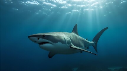Fototapeta premium Majestic Great White Shark Underwater Photo: Stunning Ocean Wildlife Image, Sunbeams, Deep Blue Sea, Powerful Predator, Marine Life Photography
