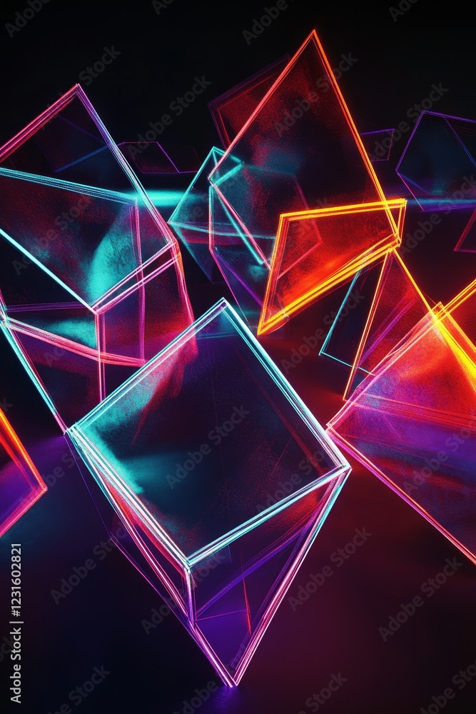 Poster vivid transparent shapes illuminated by neon colors create a striking visual against a dark backgrou