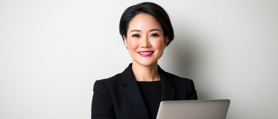 A professional woman smiling confidently while holding a laptop, dressed in a black blazer against a neutral background.
