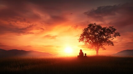 Fototapeta premium A serene sunset scene with a tree silhouette, featuring two figures sitting together in a peaceful landscape.