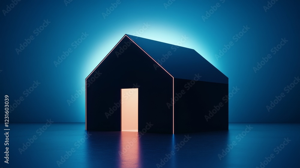 Poster modern abstract house with neon glow in dark minimalistic setting