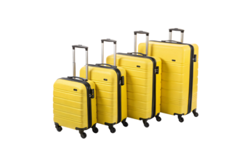 Vibrant yellow suitcases with black accents and wheels, showcasing a cheerful, modern travel aesthetic, arranged in a cascading size pattern, isolated on a transparent background