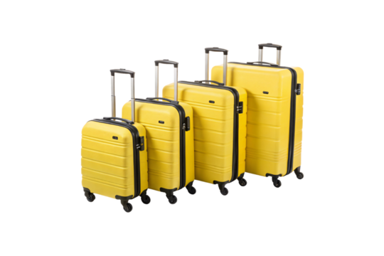 Vibrant yellow suitcases with black accents and wheels, showcasing a cheerful, modern travel aesthetic, arranged in a cascading size pattern, isolated on a transparent background - Powered by Adobe
