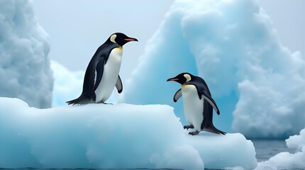 Naklejka premium Two Majestic Emperor Penguins on Icebergs in Antarctica Stunning Wildlife Photography Breathtaking Winter Landscape Scene Polar Animals Nature Image