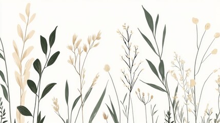 Elegant botanical illustration of various plants and grasses in muted tones on white background.