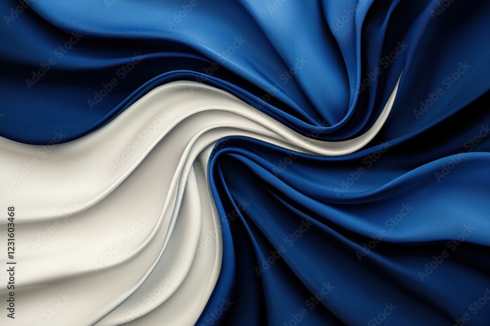 Poster elegant twisting ribbon design with evenly spaced white and blue lines, creating a fluid and futuris