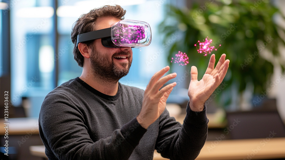 Poster man interacting with virtual particles in immersive vr experience
