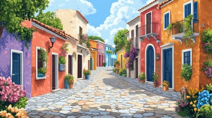 Obraz premium Sunny cobblestone street, colorful houses, Mediterranean village, summer travel background