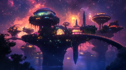 A stunning futuristic city with glowing neon lights, floating above water under a starry sky, creating a sci-fi fantasy atmosphere.