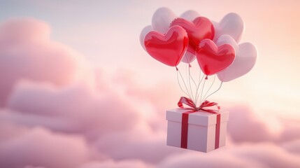 A Box flying on a parachute with pink cloud in valentine day,package flying down from sky and cloud with parachute, concept for delivery service,shopping online,air delivery service.