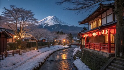 Serene Kyoto Night with Glowing Lanterns, Snow, Canal, and Mount Fuji