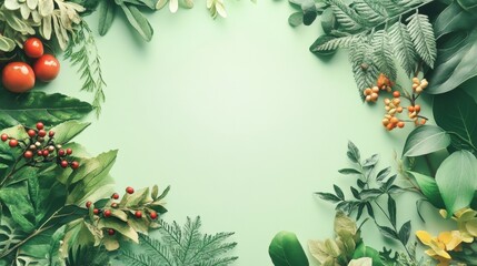 Fototapeta premium Green Leafy Frame with Fresh Red Berries and Vibrant Foliage