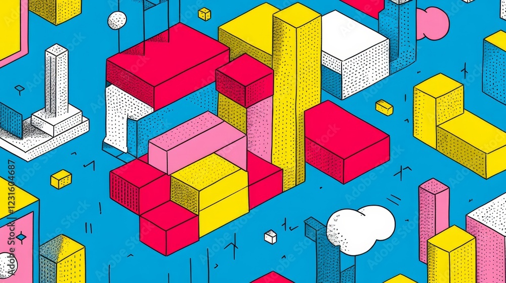 Poster Abstract Isometric Cityscape Interlocking Colorful Buildings and Structures