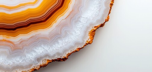 Obraz premium High-detail macro shot of an agates layered structure with orange and brown gradients, creating a striking contrast on a pale yellow canvas