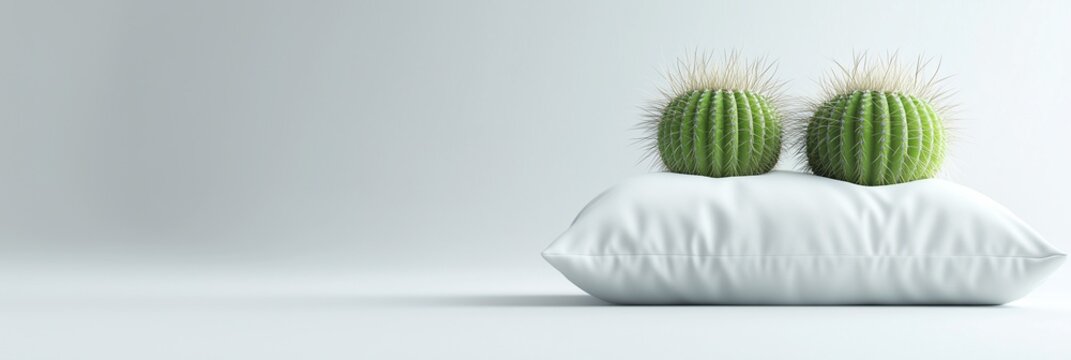 A close up of two round cacti resting on a white pillow against a soft, neutral background, symbolizing discomfort and paradoxical contrasts