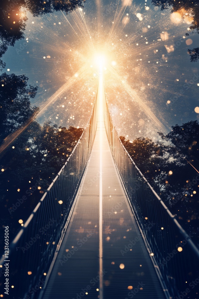 Poster a bridge with a large light shining on it. the scene is peaceful and serene, with the light creating