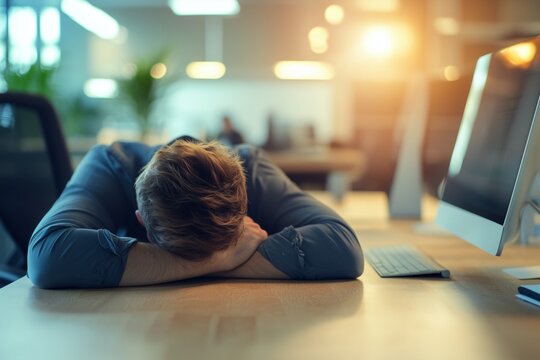 A tired office worker resting his head on a desk in a brightly lit modern workspace, symbolizing exhaustion and workplace stress