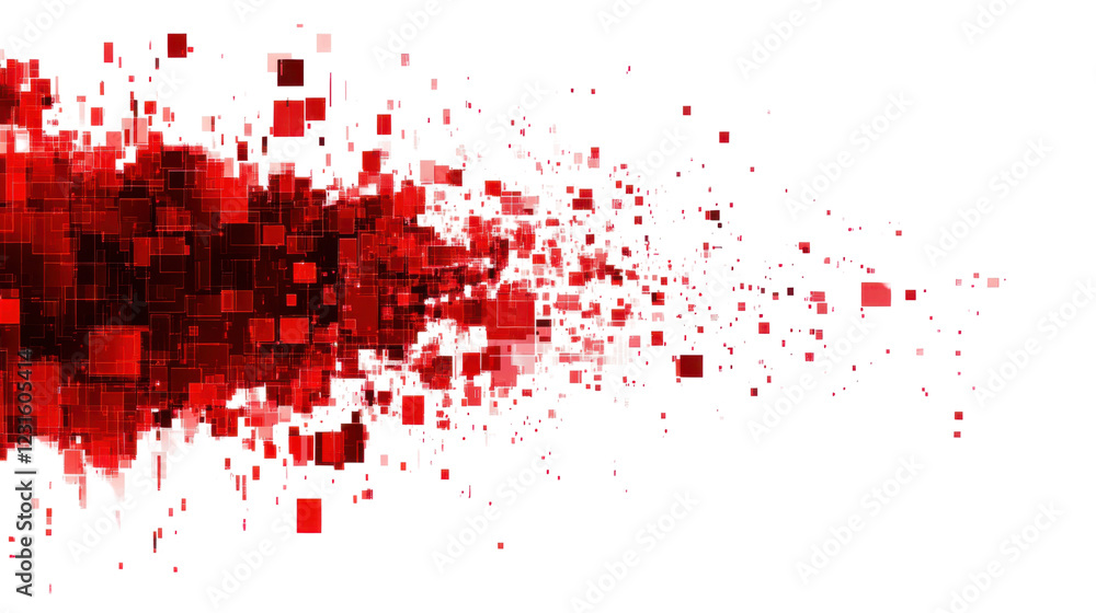 Poster dissolving data stream on transparent background: red pixelated squares fading into digital dust