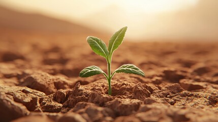 Lone sprout growing in a desert-like environment with cracked ground and bright sunbeams, evoking themes of endurance and rebirth
