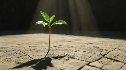 Lone sprout growing in a desert-like environment with cracked ground and bright sunbeams, evoking themes of endurance and rebirth