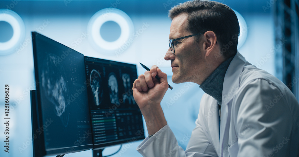 Poster Portrait of Scientist Analyzing Brain Scans on Multiple Monitors in High-tech Laboratory. Advanced Medical Imaging Technology Displays Detailed Neurological Data for Advanced Research and Diagnosis