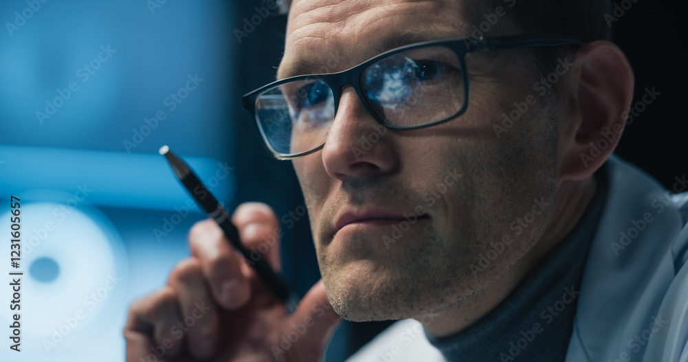Poster portrait of a neurosurgeon examining brain scans on computer screen, focusing on healthcare science 