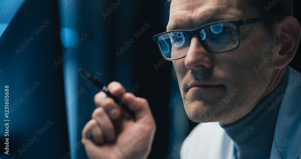 Poster Portrait of a Neurosurgeon Examining Brain Scans on Computer Screen, Focusing on Healthcare Science and Medicine. Glasses Reflect Medical Images and Neurological Data