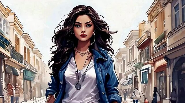 woman illustration in the city fashion women, city young women modeling on the city,cartoon women charcter walking on street,fashion women on city background buildings,smiling,modern, outfit,luxury 