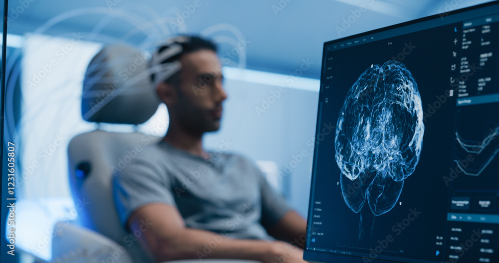 Poster Medical Brain Scan on Computer Screen. Advanced Neuroimaging Technology Reveals Complex Neural Pathways. Patient Connected to Advanced Brain Scan in the Background