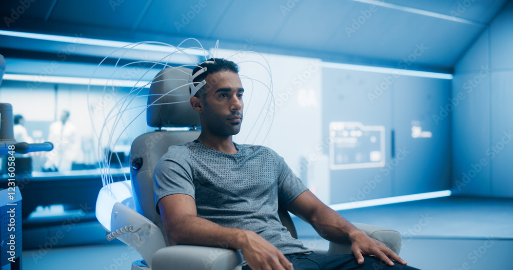 Poster in a high-tech laboratory portrait of male patient wearing headset for advanced brain scanning with 