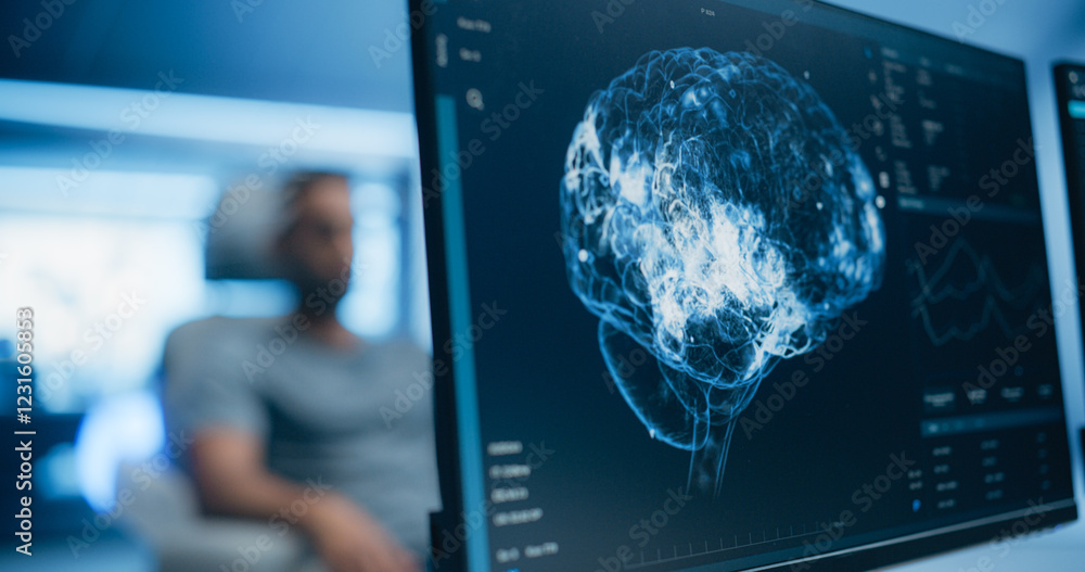 Aufkleber Medical Brain Scans on Multiple Computer Screens. Advanced Neuroimaging Technology Reveals Complex Neural Pathways, Display Showing CT Scan in a Modern Medical Environment