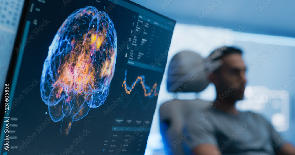 Leinwandbilder Medical Brain Scan on Computer Screen. Advanced Neuroimaging Technology Reveals Complex Neural Pathways. Patient Connected to Advanced Brain Scan in the Background