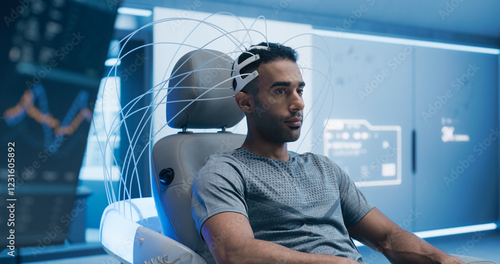 Aufkleber Portrait of Patient Connected to Advanced Brain Scan in a Futuristic Laboratory. Using High-tech Monitors and Sophisticated Neurological Devices for Precise Analysis