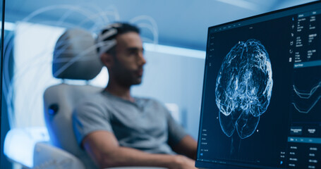 Medical Brain Scan on Computer Screen. Advanced Neuroimaging Technology Reveals Complex Neural Pathways. Patient Connected to Advanced Brain Scan in the Background